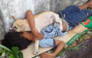 Un niño sin hogar duerme abrazado a su fiel perrito en una calle repleta de gente